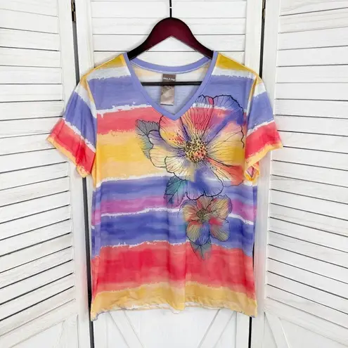 White Stag Ombre Striped Floral Studded Tee Shirt Purple Pink Yellow XXL