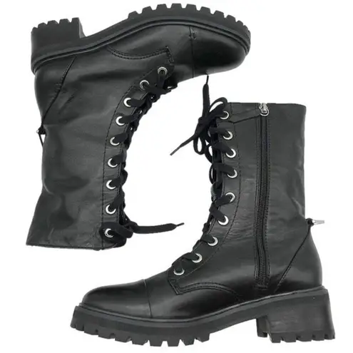 Schutz Maurissa Black Leather Lug Sole Lace-up Heeled Combat Boots Womens Size 8