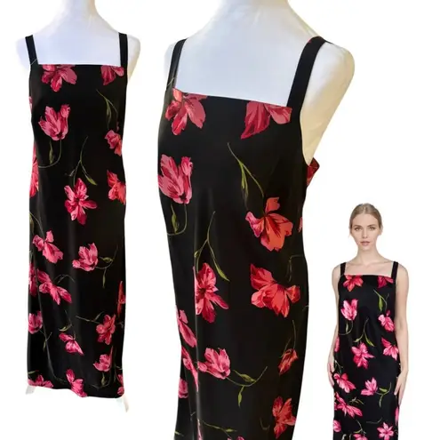 90'S Y2K SLIP DRESS VINTAGE EXPRESSIONS FLORAL MAXI BLACK/RED DRESS SIZE X LARGE Red
