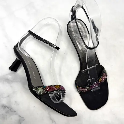 Giuseppe Zanotti Vintage 90s Y2K Beaded Ankle Strap Kitten Heels Retro Black 37