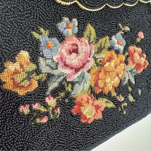 Vintage 60s Black Fully Beaded Floral Needlepoint Bag