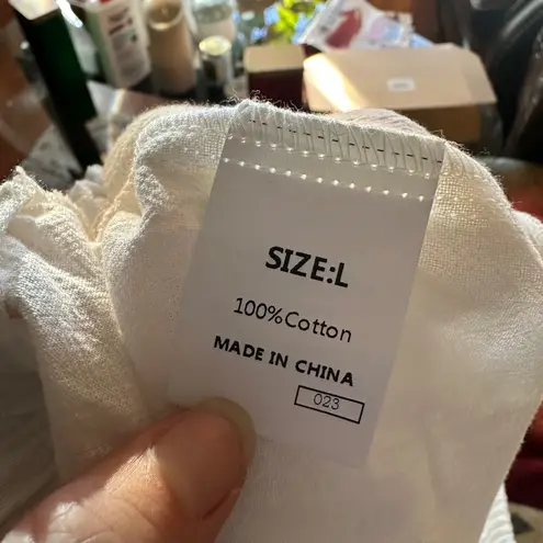 Women's White Cotton Lace Trim Cropped Drawstring Waist Pants, Size L Size L