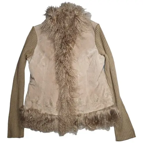 Vtg Y2K If It Were Me Tan Embroidered Suede Sheep Fur Trim Penny Lane Jacket L Size L