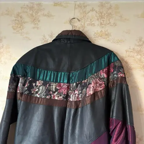 Vintage Pelle black leather floral tapestry patchwork long trench coat jacket M Size M