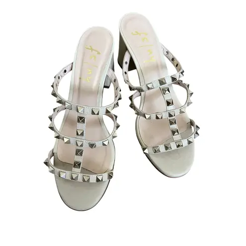 French Sole Foster Gold Triangle Stud Sandals Beige Leather 7.5 Block Heel