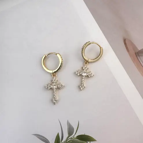 CZ Cross Dangle Drop Earrings for Men Women Streetwear Hip Hop Unisex Style Gold