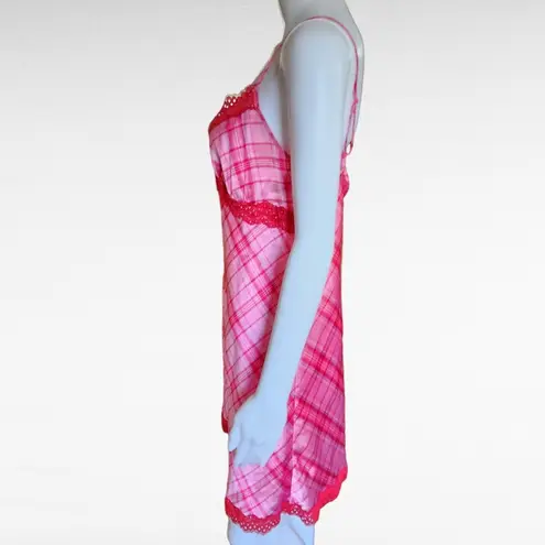 Jaclyn Smith Pink Red Plaid Lace Trim Satin Chemise Size Medium