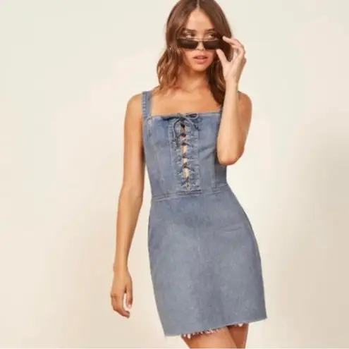 Reformation  Kayla Distressed Corset Lace Up Denim Mini Dress Light Wash Size 2