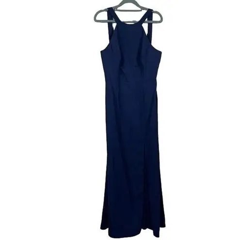NWT Dessy Collection High Halter Neck Open Back Crepe Gown 16 Midnight Blue