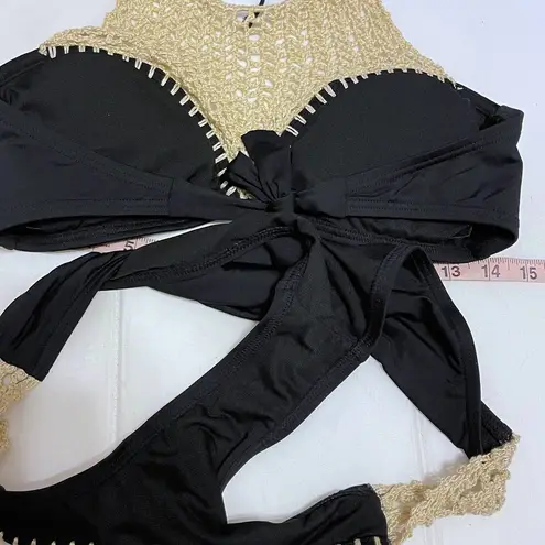 The Bikini Lab Crochet High Neck Bikini Set Top Bottoms Swim Black Hipster Halter