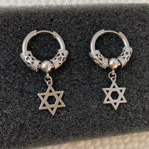 Titanium Steel Six Point Star Dangle Drop Earrings for Men Women Silver