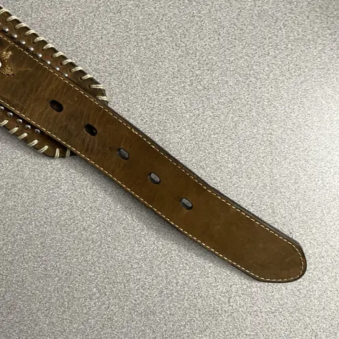 Nocona Belt Co Brown Leather Belt XL Silver Buckle Rhinestones Western Heavy