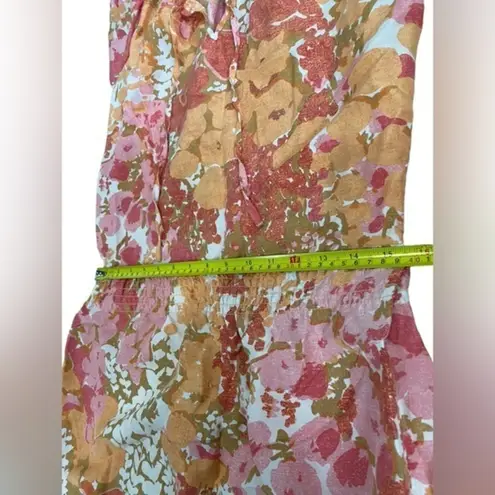 Talbots  Petite Small Pink Orange Floral Dress Cap‎ Sleeve V Neck Midi 100% Silk