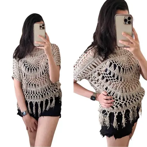 Greylin ANTHROPOLOGIE Crochet Short Sleeve Fringe Boho Taupe Top XS
