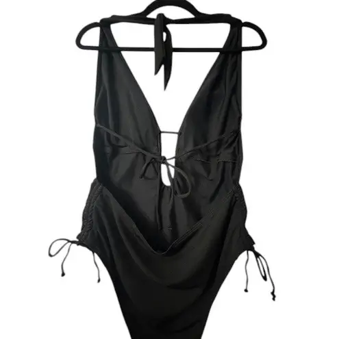 Black Plunge Tie Side Ruched One Piece Swimsuit Adjustable Bathing Suit XS