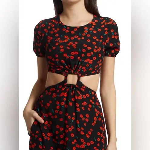 STAUD NEW! Calypso Poppy Cut Out Black Red Midi Floral Print Dress Size L