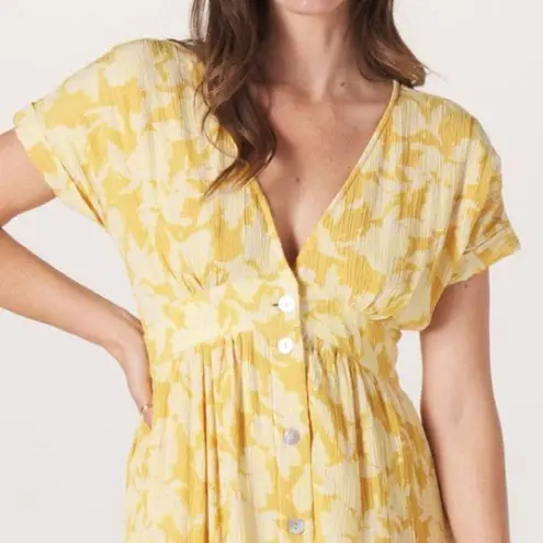 NWT The Normal Brand Ezra Crepe Deep V Button Thru Dress Yellow Size Small NEW