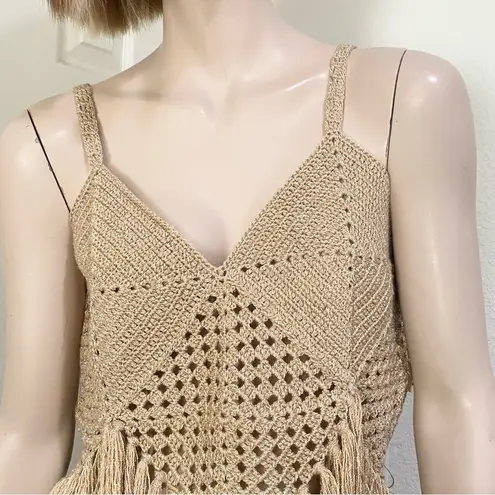 MIREMAR Natural Beige Tan Crochet Fringe Bohemian Boho Top One Size