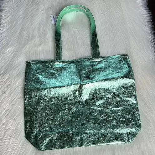 Clinique Green Metallic Faux Leather Tote Bag