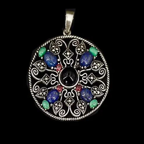 Artisan Vintage Sterling Silver Turquoise Garnet Onyx Lapis Pendant & Station Necklace