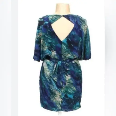 Bisou Bisou Cut Out Peacock Jewel Tone Off Shoulder SILK Mini Dress SZ 4 EUC