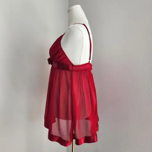 Y2K Vintage Red Babydoll Lingerie Nightie Chiffon Slip Dress Satin Bow L Size L