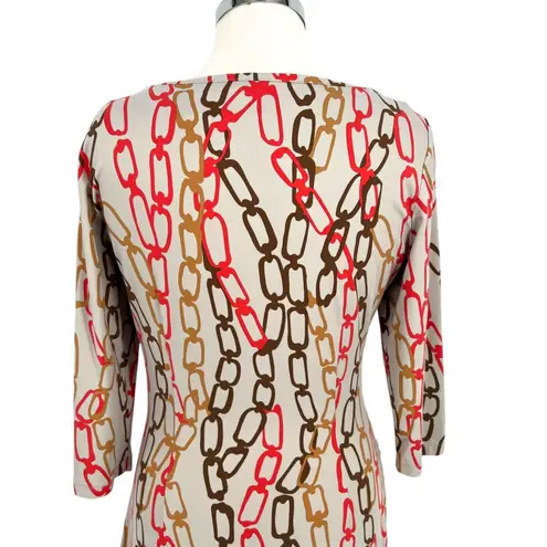 J. McLaughlin Chain Print Dress 3/4 Sleeve Draped Waist Gray Multi Size Medium