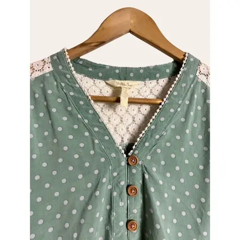 Matilda Jane Green Lace Polka Dot Print V-Neck 3/4 Sleeve Button Up Top Size L