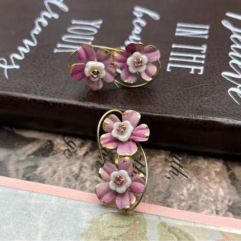 Vintage Purple Rhinestone Oversized Floral Screwback Earrings White