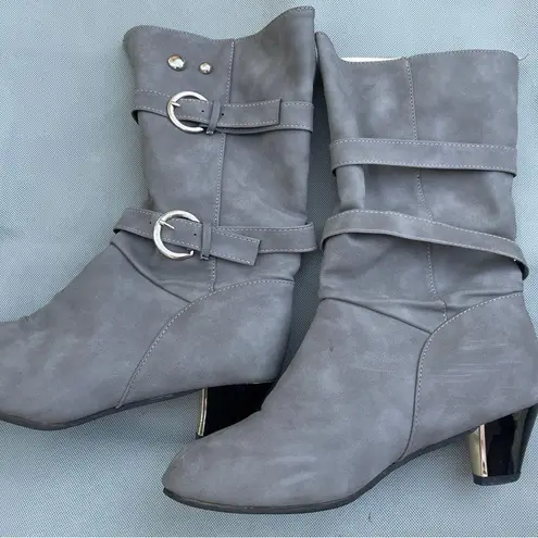Women Gray Faux Suede Heeled Boots with Slouchy Design and Silver Buckles Size undefined