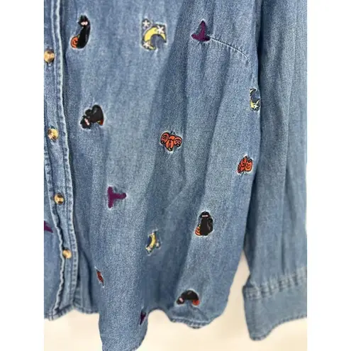 Holiday Editions Halloween Blue Denim Button Top 1X Pumpkin Black Cat Star Moon