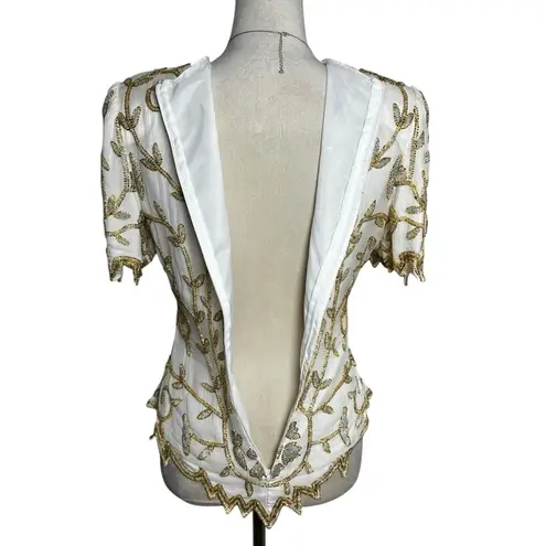Laurence Kazar Vintage Lawrence Kazar Beaded Silk Top Ivory Gold M | Holiday NYE Glam Party