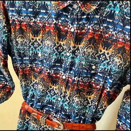 Panhandle Rough Stock western print pearl snap dress sz Large Blue