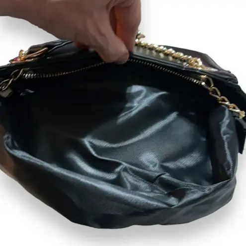 Melie Bianco Geometric Vegan Leather Black Shoulder Bag Purse with Gold Chains