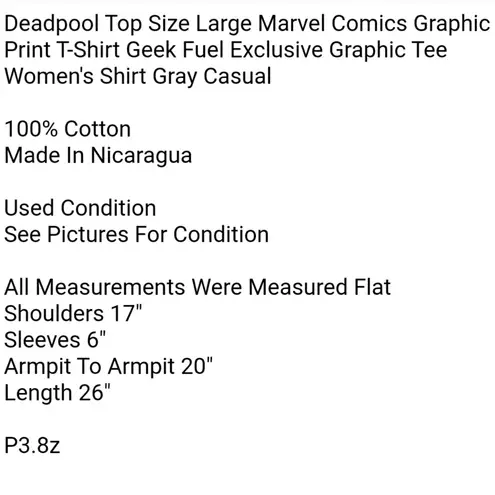 Marvel Deadpool Top Size Large Comics Graphic Print T-Shirt Geek Fuel Exclusive Graphic Tee