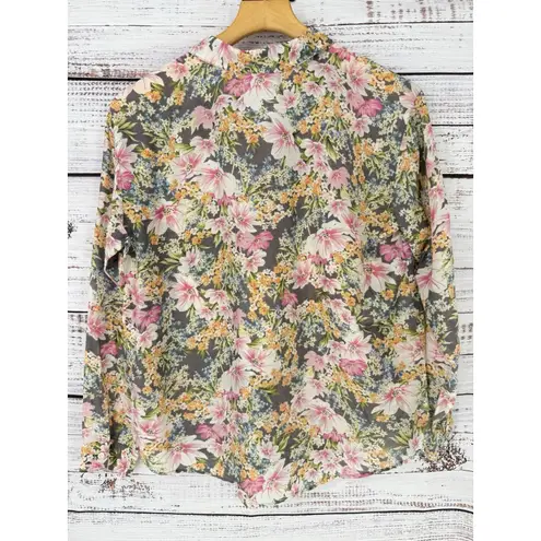 J. JILL Button Up Blouse Top Floral Silk Blend Gray Pink L/S Size S