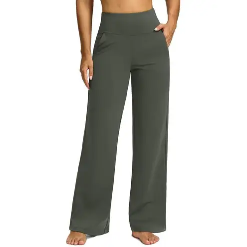 NWT ~ Olive Green Wide Flare Leg Yoga Pants & Pockets Activewear Leggings ~ XS