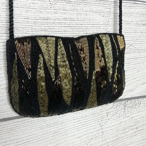 Vintage Delilah Black & Gold Beaded Evening Bag Crossbody Purse Formal Clutch