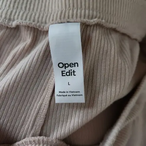 Open Edit Womens Large Beige Ribbed Wide Leg Casual Pants Elastic Waist NWOT