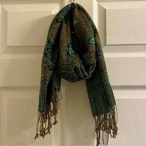 Blue Green Floral Indian Pashmina Wrap Scarf Fringe Tassel Womens One Size