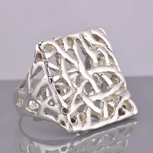 DGS Sterling Silver 22mm Branched Openwork Modernist Band Ring 925