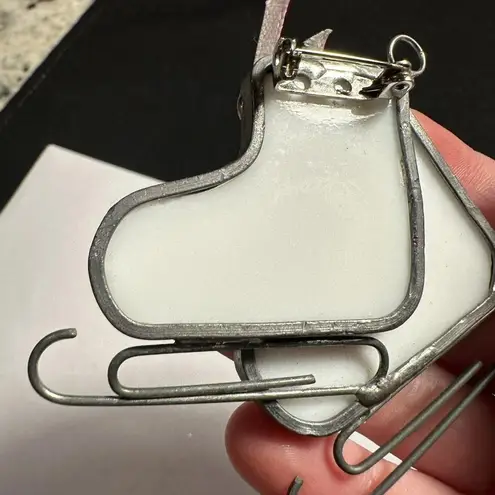 Handmade Glass Christmas Holiday Brooch Pins Lot Of 2 Ice Skates / Angel