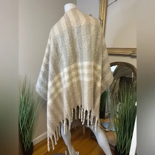 MAP from Mexico Cozy Striped Fringe Poncho Cape Wrap Sweater Gray