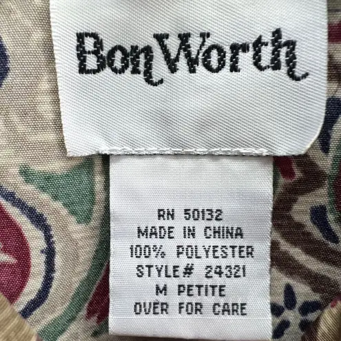 Bonworth Vintage Blouse Womens PM Tan Maroon Paisley Shirt Boho Retro Old Money