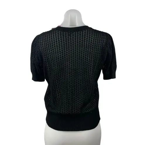 NEW Muse Black Crochet Knit Crewneck Short Puff Sleeve Crop Sweater Top Size M Size M