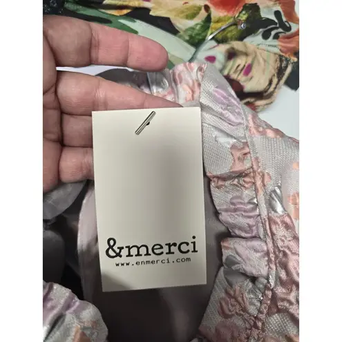 &merci Floral Cropped Top Fun Bow Pink Gray Shiny Textured Evening Wedding Going Out