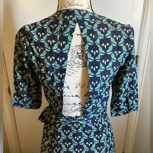 Ethereal Green & Blue Floral Geometric Wrap Open Back Dress #S