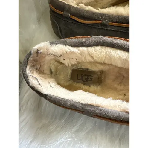 UGG Gray Suede Leather Moccasin Slippers Fur Lined Women's Shoes
