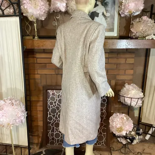 VINTAGE 1980'S NOBLE FASHIONS BROWN & CREAM WOOL HERRINGBONE TRENCH COAT (12)