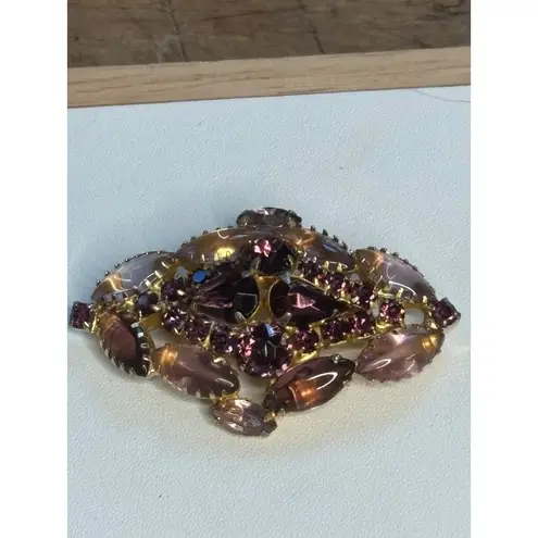 Vintage Rhinestone Brooch With Purple & Pink Stones In Gold